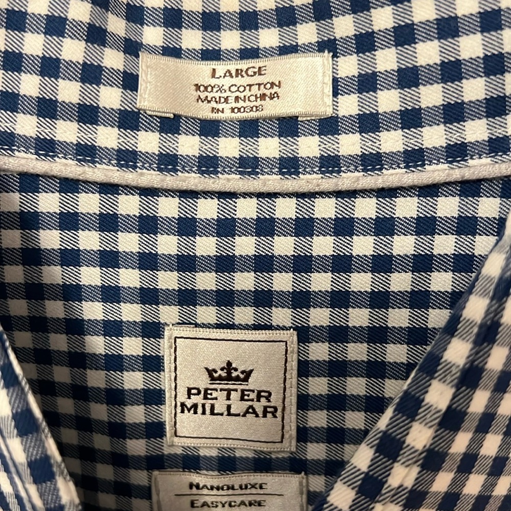 Peter Millar men's button down shirt, size large. Navy/white check.